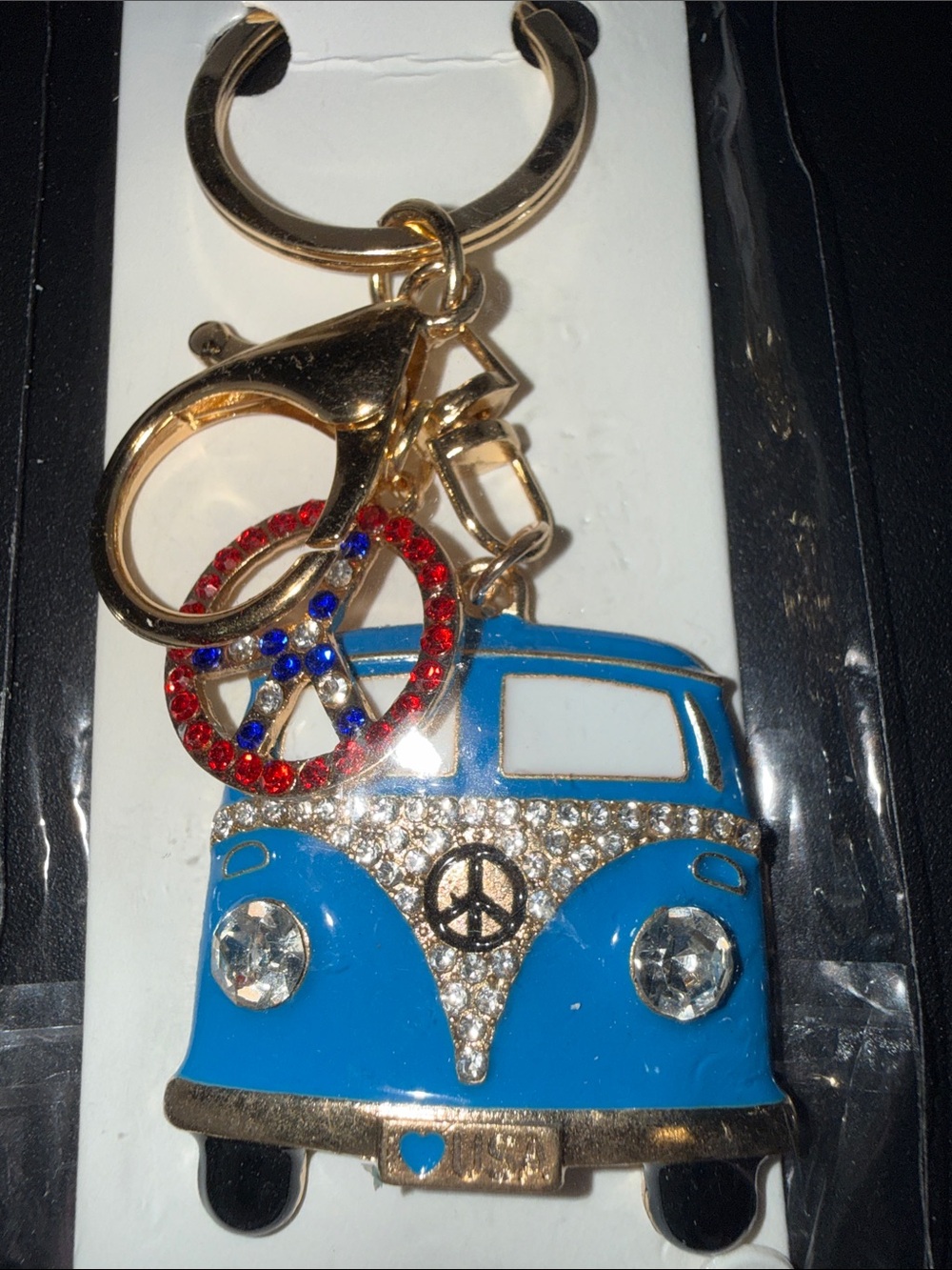 Gold-Tone Blue Peace Van Keychain with Rhinestone Accents